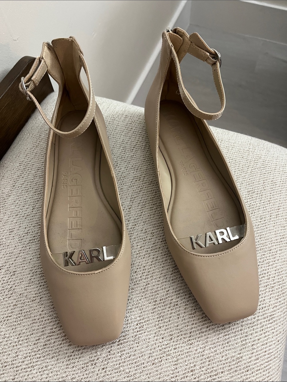 Karl Lagerfeld Beige Ankle-Strap Square-Toe Flats with KARL Logo